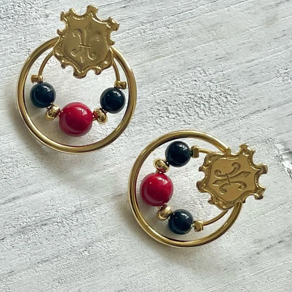 Gold tone red and black bead post earrings